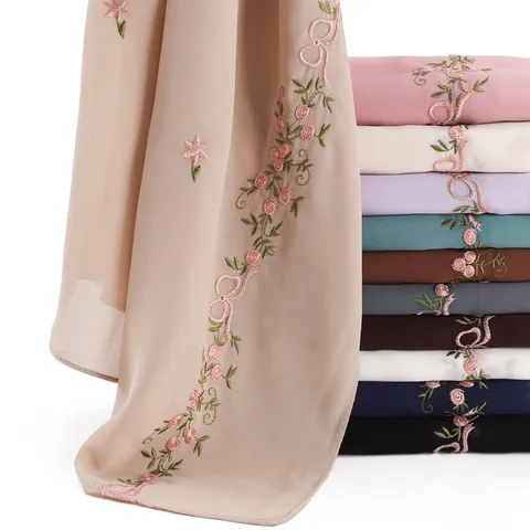Women's Fashion Chiffon Scarf Elegant Floral Bow Embroidery Long Scarves Lightweight Breathable Head Wrap Daily Accessories