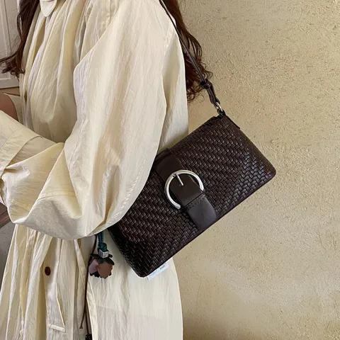 Borsa Sottoascellare di Nicchia Francese Per Donna Autunno Vintage Borsa a Mano Casual Pendolare Borsa a Tracolla Singola Baguette Elegante Tinta Unita Intrecciata in PU