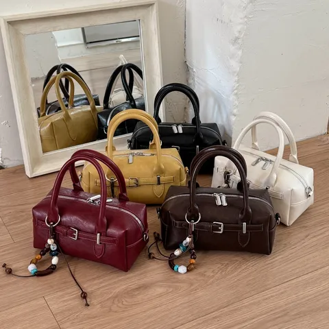 Borsa a Cuscino Boston in Pelle PU da Donna retrò Tinta Unita Borsa a Mano Casual Pendolare Borsa a Tracolla