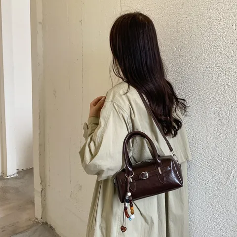 Borsa a Cuscino Boston in Pelle PU da Donna retrò Tinta Unita Borsa a Mano Casual Pendolare Borsa a Tracolla