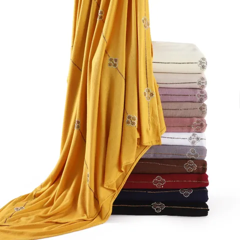 Women Mercerized Cotton Long Scarf Solid Color Clover Rhinestone Shawl Elastic Breathable Lightweight Neck Wrap