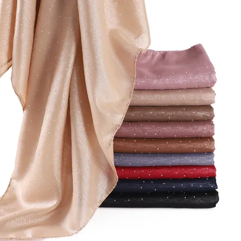 Dames Mode Effen Kleur Gekreukt Glitter Strass Lange Sjaal Lichtgewicht Polyester omslagdoek Hijab
