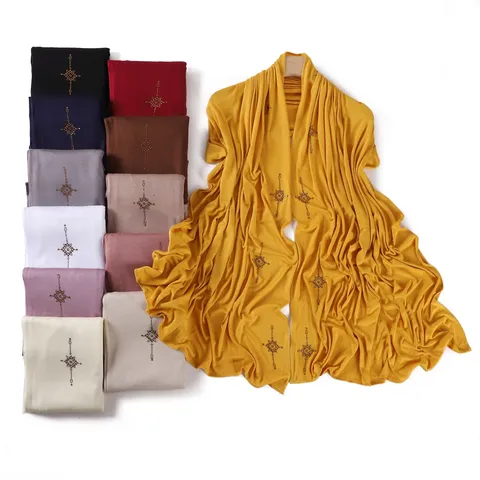 Women Mercerized Cotton Long Scarf Elastic Skin-Friendly Headscarf Solid Color Hot-Drill Cross Pattern Fashion Casual Shawl