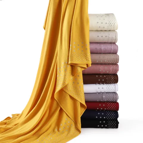 Solid Color Elastic Mercerized Cotton Long Scarf Side Rhinestone Starry Sky Soft Breathable Fashion Shawl Wrap