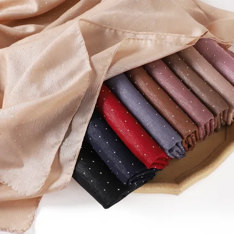 Dames Mode Effen Kleur Gekreukt Glitter Strass Lange Sjaal Lichtgewicht Polyester omslagdoek Hijab