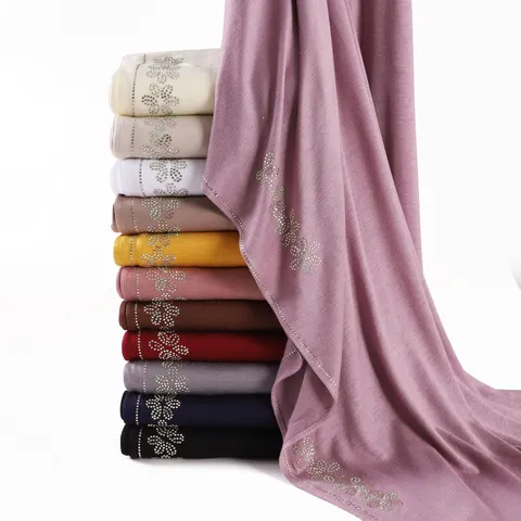 Women Casual Solid Color Mercerized Cotton Scarf Rhinestone Decorated Soft Breathable Lightweight Shawl Wrap