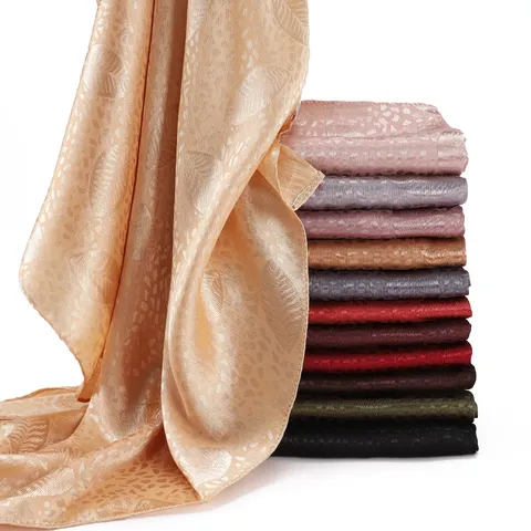 Women Fashion Leaf Jacquard Long Scarf Polyester Satin Soft Breathable Shawl Head Wrap Elegant Neck Scarf