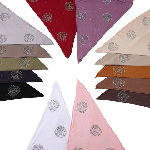 Women Mercerized Cotton Triangle Scarf Rhinestone Rose Pattern Soft Elastic Head Scarf Fashion Daily Shawl Headwrap