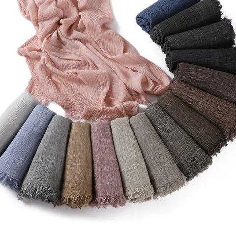 Women's Solid Color Slub Cotton Long Scarf Casual Minimalist Lightweight Breathable Wrinkled Fringe Shawl Autumn Winter