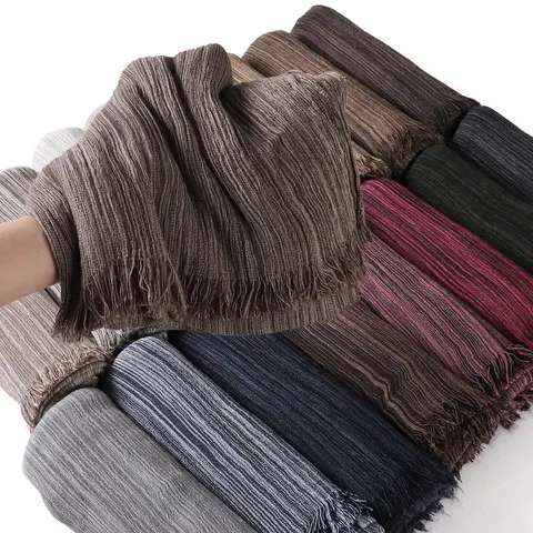 Vintage Striped Rayon Crinkle Tassel Long Scarf Casual Soft Lightweight Shawl Wrap For Women Fashion Daily Wear