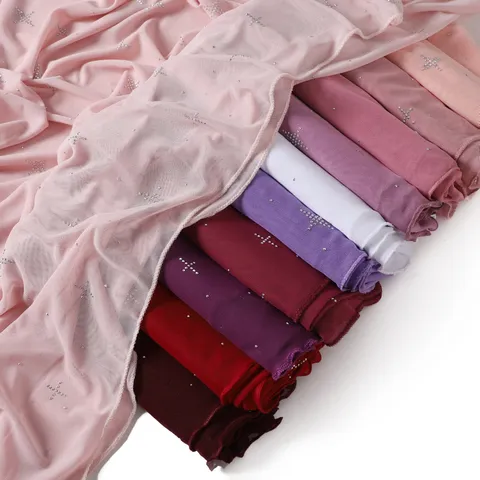 Women's Lightweight Soft Sheer Mesh Long Scarf Solid Color Hot Drill Rhinestone Star Pattern Fashion Shawl Wrap Headscarf