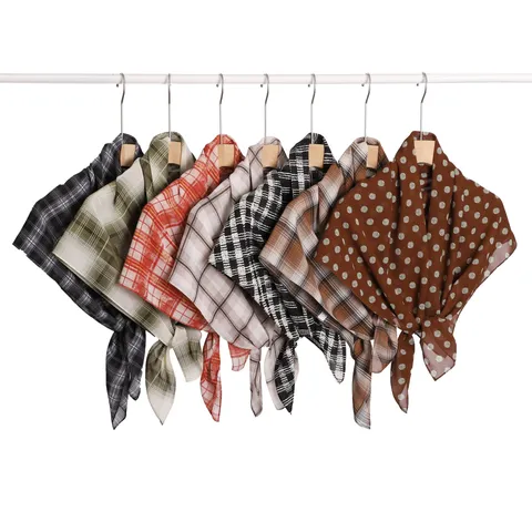 Women Vintage Plaid Print Chiffon Square Scarf Lightweight Breathable Sun Protection Neck Scarf