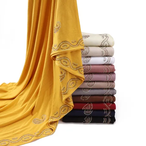 Women Fashion Paisley Hotfix Rhinestone Mercerized Cotton Long Scarf Lightweight Breathable Shawl Head Wrap Hijab