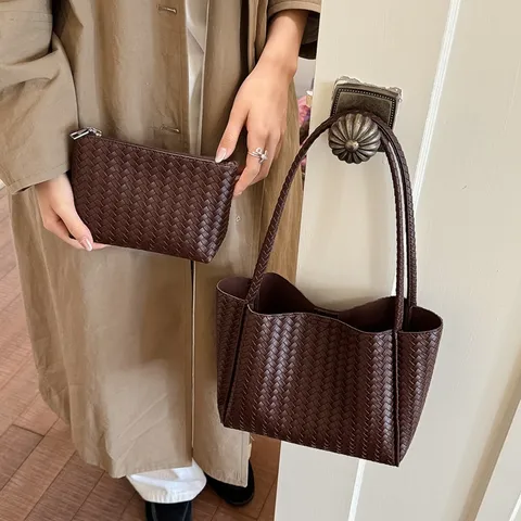 Borsa Tote Intrecciata Retrò Da Donna Grande Capacità Borsa A Tracolla In Pelle PU Moda Stile Coreano Borsa A Mano Per Pendolari Con Piccola Pochette