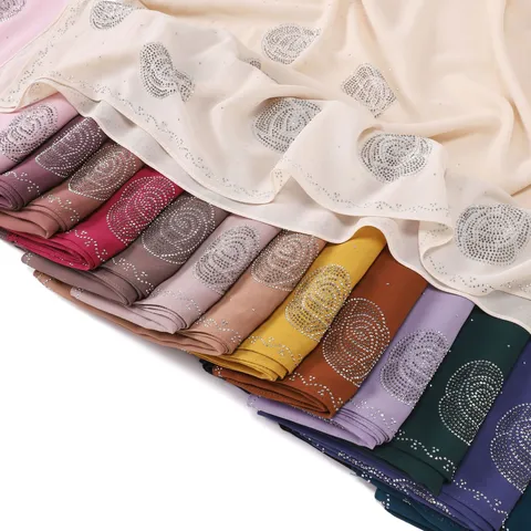 Women Elegant Chiffon Long Scarf And Shawl Sparkling Rhinestone Rose Details Versatile Lightweight Neck Scarf For Daily Wear Travel