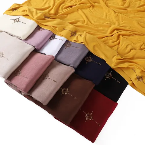 Women Mercerized Cotton Long Scarf Elastic Skin-Friendly Headscarf Solid Color Hot-Drill Cross Pattern Fashion Casual Shawl