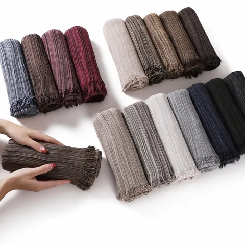 Vintage Striped Rayon Crinkle Tassel Long Scarf Casual Soft Lightweight Shawl Wrap For Women Fashion Daily Wear