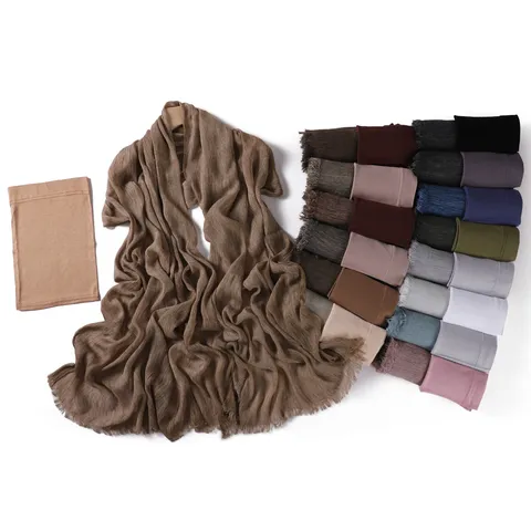 Handmade Vintage Solid Color Rayon Wrinkled Fringed Long Scarf With Matching Elastic Bucket Hat Set Women Fashion Scarf
