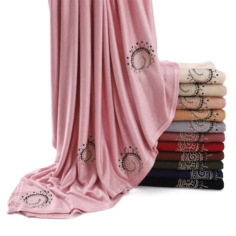 Women Mercerized Cotton Scarf Long Shawl Breathable Hijab With Hot Fix Rhinestone Fireworks Pattern Wrap