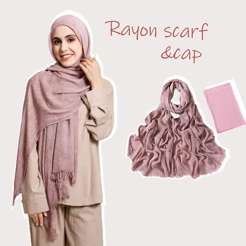 Women Crinkle Rayon Long Scarf And Elastic Cap Set Solid Color Muslim Headscarf Casual Neck Wrap Shawl With Matching Beanie