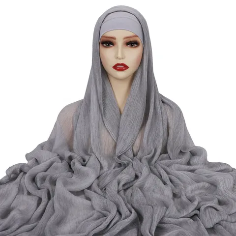 Women Crinkle Rayon Long Scarf And Elastic Cap Set Solid Color Muslim Headscarf Casual Neck Wrap Shawl With Matching Beanie