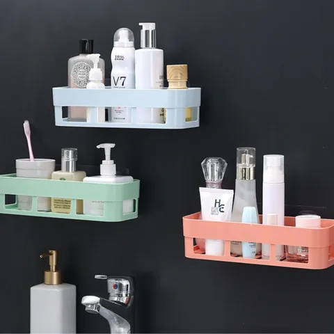 Étagère Murale en Plastique Salle de Bain Cuisine Organisateur de Drainage Creux Étagère Adhésive Sans Trace