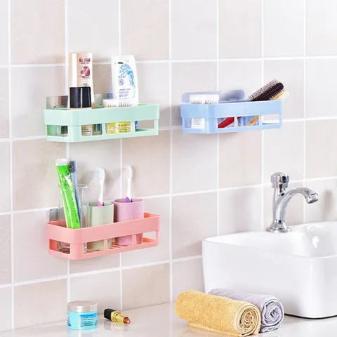 Étagère Murale en Plastique Salle de Bain Cuisine Organisateur de Drainage Creux Étagère Adhésive Sans Trace