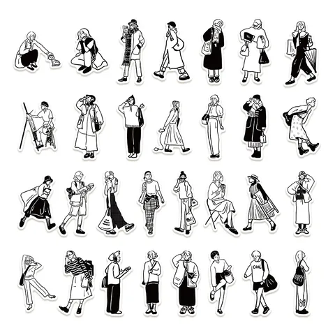 Ensemble d'Autocollants Imperméables Noir et Blanc de Dessin Animé de Personnages à Lignes Minimalistes pour DIY Scrapbook Étui de Téléphone