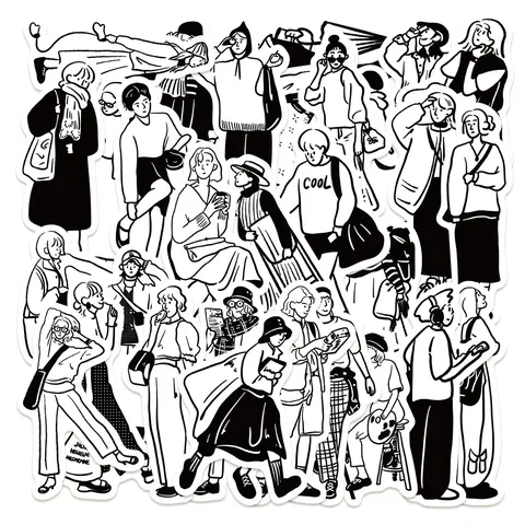 Ensemble d'Autocollants Imperméables Noir et Blanc de Dessin Animé de Personnages à Lignes Minimalistes pour DIY Scrapbook Étui de Téléphone