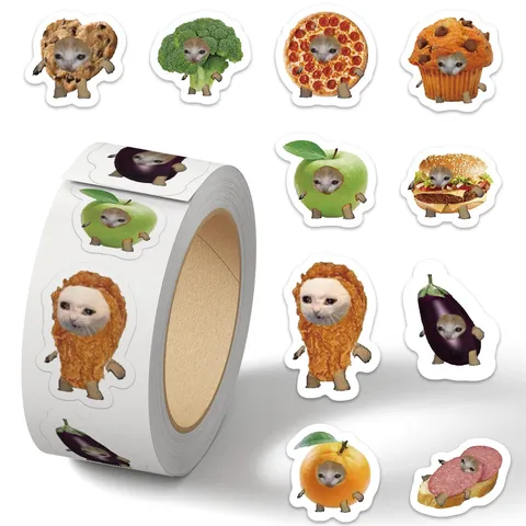 Funny Food Cat Head Roll Stickers Cute Meme Animal Self-Adhesive Seal Sticker For Journaling And Stationery Decor