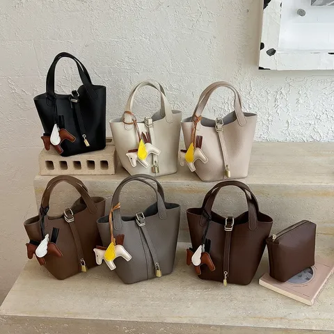 Minimalist PU Leather Bucket Bag Chic Urban Stitching Lock Top Handle Handbag Single Strap Shoulder Crossbody Tote Bag For Women