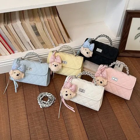 Fashion Women Diamond Lattice Shoulder Bag PU Leather Top Handle Crossbody Bag Chain Small Square Bag With Doll Charm