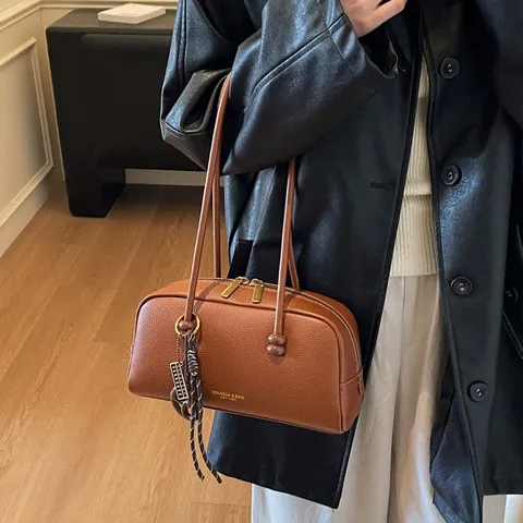 Vintage Synthetic Leather Boston Bowling Bag For Women Casual Solid Color Stitching Shoulder Underarm Bag Top Handle Purse