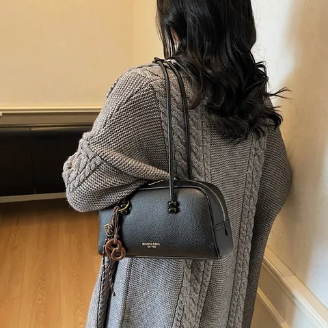 Vintage Synthetic Leather Boston Bowling Bag For Women Casual Solid Color Stitching Shoulder Underarm Bag Top Handle Purse