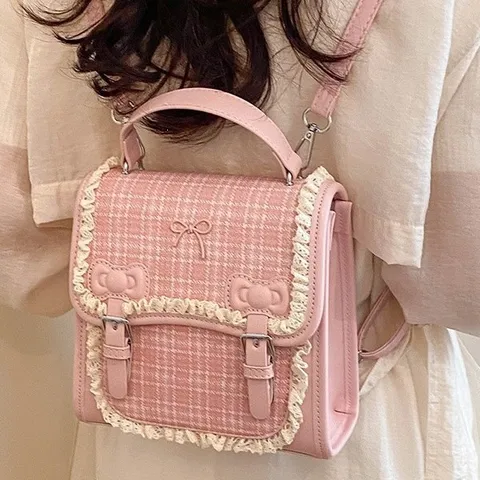 Japanese Sweet Plaid PU Leather Backpack Ribbon Bowknot Lace Trim College Style Rucksack Multi Functional Tote Shoulder Crossbody Bag For Kids Women