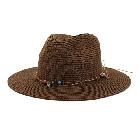 Unisex Stro Fedora Hoed Zomer Strand Zonnehoed Brede Rand Geweven Panama Hoed Met Schelp Kralen Decor Voor Buiten Vakantie