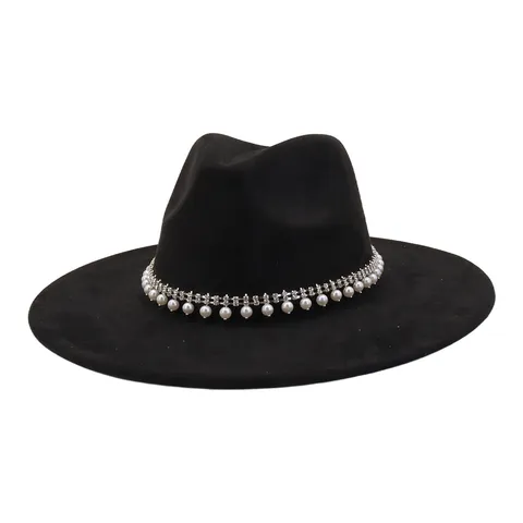 Unisex Faux Suede Fedora Hat Wide Brim Jazz Cap Vintage Trilby Hat with Rhinestone Pearl Band for Women Men