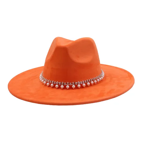 Unisex Faux Suede Fedora Hat Wide Brim Jazz Cap Vintage Trilby Hat with Rhinestone Pearl Band for Women Men