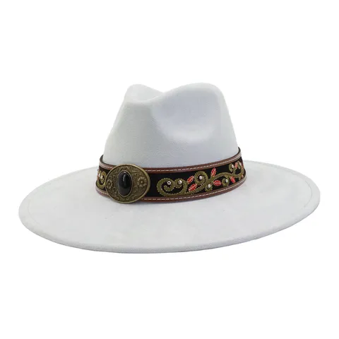 Unisex Vintage Faux Suede Fedora Hat Ethnic Embroidery Metal Gemstone Buckle Wide Brim Jazz Hat Casual Sun Hat