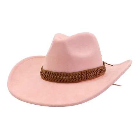 Chapeau de Cowboy Vintage en Similicuir Suédine Unisexe Large Bord Jazz Fedora avec Bande Tressée pour Plage Extérieur Printemps