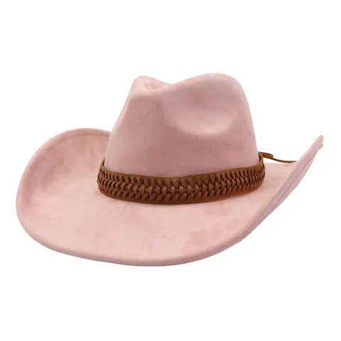 Chapeau de Cowboy Vintage en Similicuir Suédine Unisexe Large Bord Jazz Fedora avec Bande Tressée pour Plage Extérieur Printemps