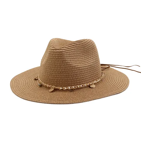 Unisex Straw Hat Sun Protection Beach Hat Wide Brim Summer Hat With Metal Chain And Pearl Decor Fashion Outdoor Hat