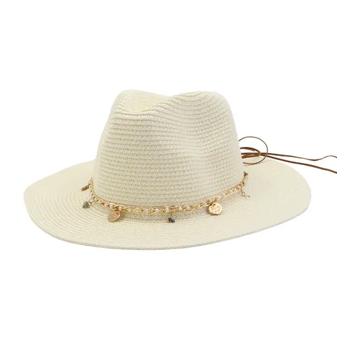 Unisex Straw Hat Sun Protection Beach Hat Wide Brim Summer Hat With Metal Chain And Pearl Decor Fashion Outdoor Hat