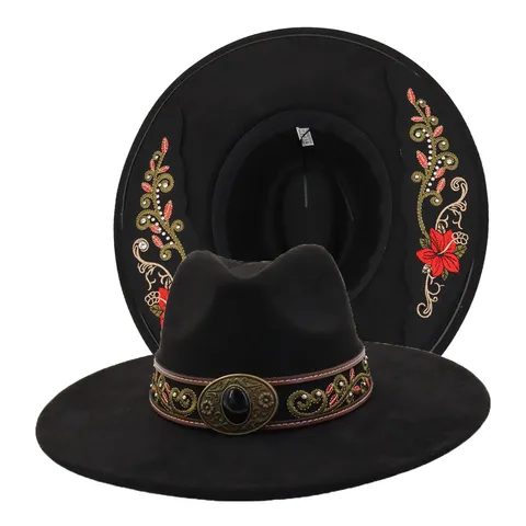 Unisex Vintage Faux Suede Fedora Hat Ethnic Embroidery Metal Gemstone Buckle Wide Brim Jazz Hat Casual Sun Hat