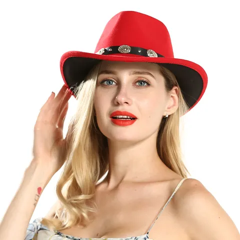 Classic Western Cowboy Fedora Hat Wool Felt Jazz Cap Red Black Color Block Ethnic Style Fashion Hat