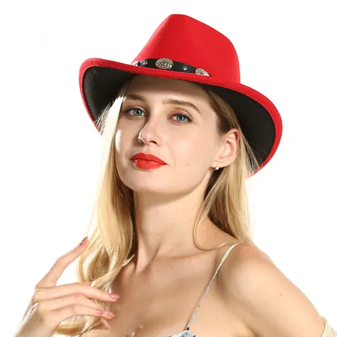 Classic Western Cowboy Fedora Hat Wool Felt Jazz Cap Red Black Color Block Ethnic Style Fashion Hat