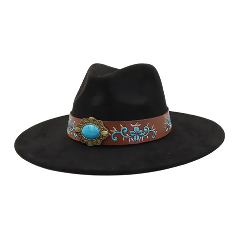 Unisex Vintage Wide Brim Fedora Hat Ethnic Style Suede Jazz Hat Retro Woolen Bowler Hat Winter Warm Outdoor Sun Hat