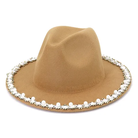 Women's Winter Warm Woolen Fedora Hat Vintage Elegant Jazz Cap With Pearl Rhinestone Brim