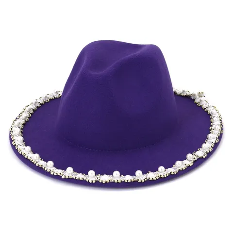 Women's Winter Warm Woolen Fedora Hat Vintage Elegant Jazz Cap With Pearl Rhinestone Brim