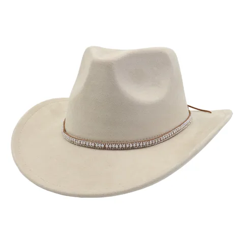 Chapeau de Cowboy Occidental Unisexe Large Bord Faux Daim Chapeau de Soleil de Plage Avec Bande de Chapeau Perle Strass Voyage